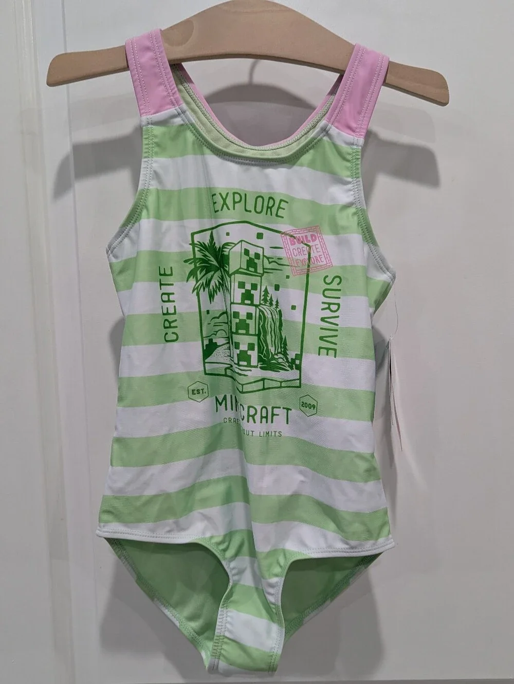 NEW Minecraft Kids One Piece Swimsuit Green White Stripes Pink Girls Size 7 8